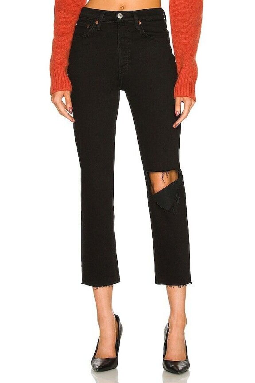 Re/Done women Original 70s Stove Pipe Rip Button Fly Jean sz 24 Black 26" inseam